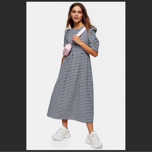 NWT Topshop PETITE Gingham Cross Back Smock Midi - Picture 3 of 4
